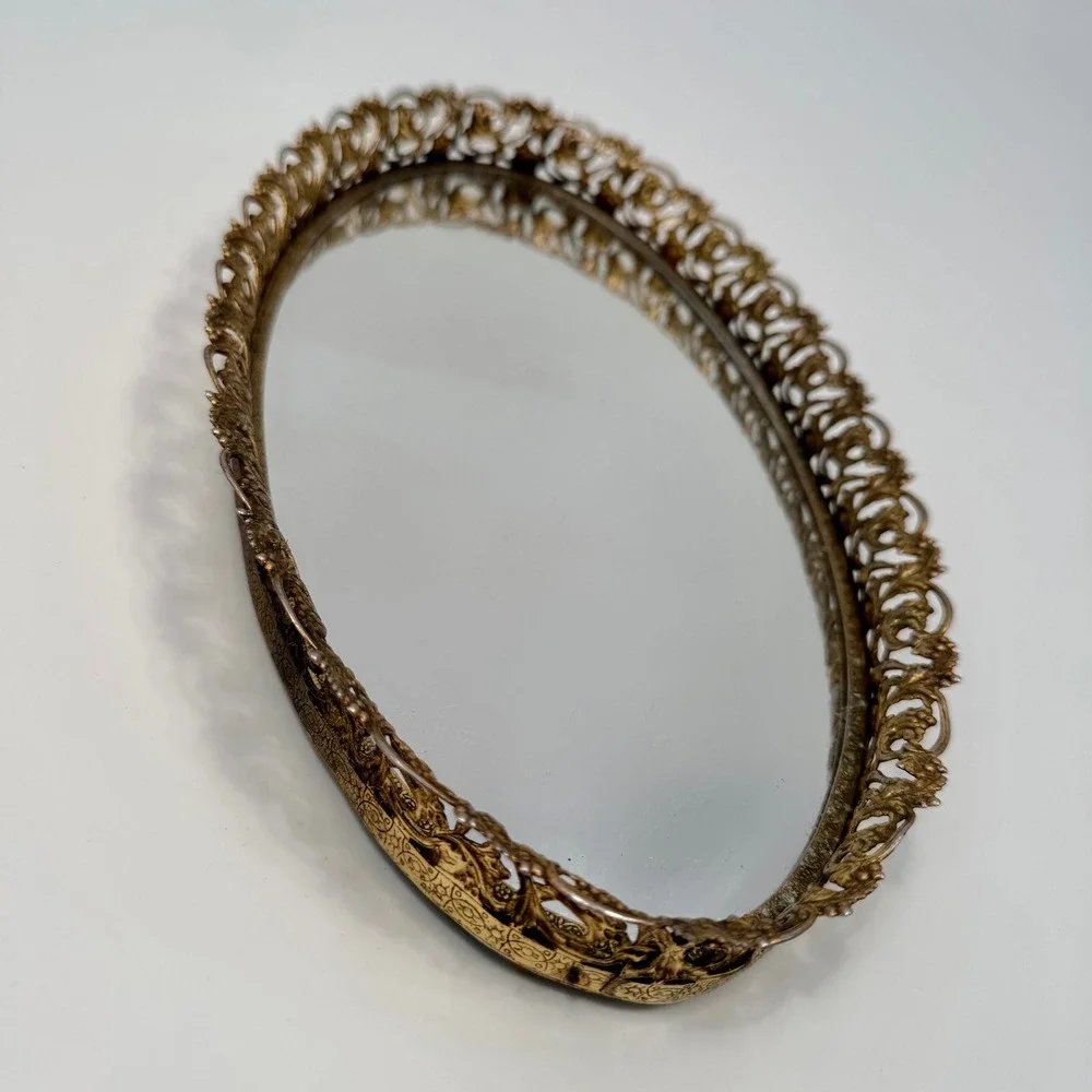 Vintage 50s Oval Gold Gilt Metal Filigree Hollywood Regency Vanity Tray Mirror